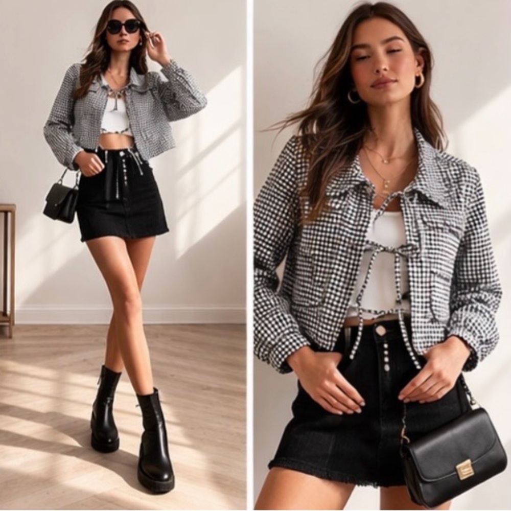 NWT Avec Les Filles Gingham Black White Cropped Tie Front Quilted
